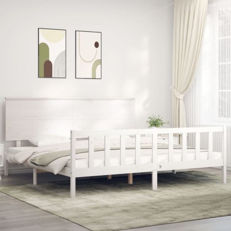 Double bed frame with white solid wood headboard by , Beds and slatted bases - Ref: Foro24-3193417, Price: 204,99 €, Discount: %