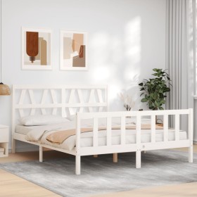 Double bed frame with white solid wood headboard by , Beds and slatted bases - Ref: Foro24-3192497, Price: 159,99 €, Discount: %