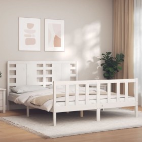 Double bed frame with white solid wood headboard by , Beds and slatted bases - Ref: Foro24-3192822, Price: 160,99 €, Discount: %