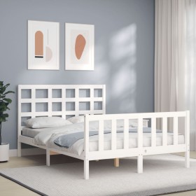 Double bed frame with white solid wood headboard by , Beds and slatted bases - Ref: Foro24-3192077, Price: 160,99 €, Discount: %