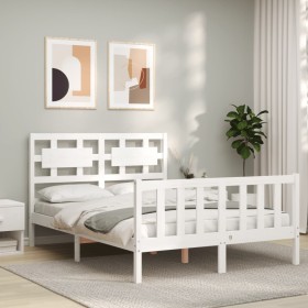 Double bed frame with white solid wood headboard by , Beds and slatted bases - Ref: Foro24-3192532, Price: 167,99 €, Discount: %