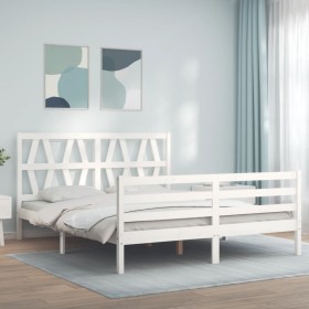 Double bed frame with white solid wood headboard by , Beds and slatted bases - Ref: Foro24-3194382, Price: 159,48 €, Discount: %