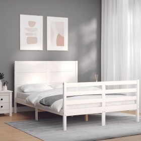 Estructura cama de matrimonio con cabecero madera maciza blanco de , Camas y somieres - Ref: Foro24-3194612, Precio: 180,99 €...