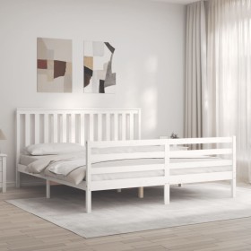 Estructura cama de matrimonio con cabecero madera maciza blanco de , Camas y somieres - Ref: Foro24-3194262, Precio: 175,99 €...