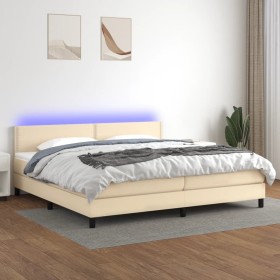 Cama box spring colchón y luces LED tela crema 200x200 cm de , Camas y somieres - Ref: Foro24-3133106, Precio: 592,69 €, Desc...