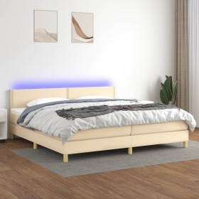 Box spring bed with mattress and LED cream fabric 200x200 cm by , Beds and slatted bases - Ref: Foro24-3133666, Price: 597,76...