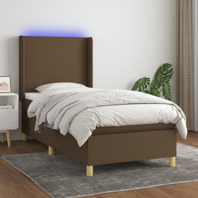 Boxspringbett-Matratze und LED-Leuchten aus dunkelbraunem Stoff, 90 x 190 cm von , Betten und Lattenroste - Ref: Foro24-31386...