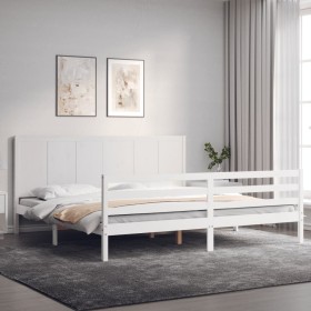 Double bed frame with white solid wood headboard by , Beds and slatted bases - Ref: Foro24-3194522, Price: 206,27 €, Discount: %