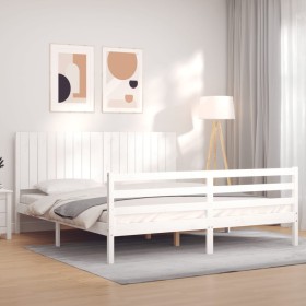 Double bed frame with white solid wood headboard by , Beds and slatted bases - Ref: Foro24-3194782, Price: 185,01 €, Discount: %