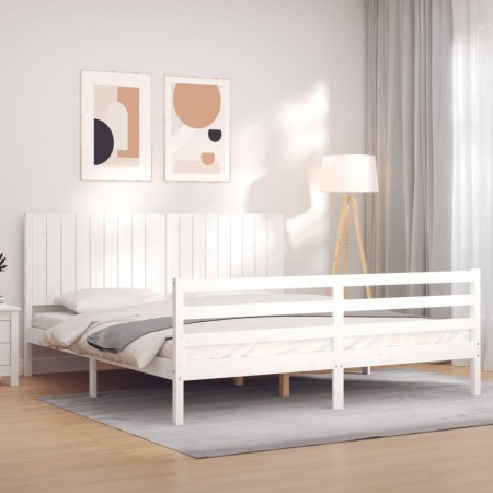 Double bed frame with white solid wood headboard by , Beds and slatted bases - Ref: Foro24-3194782, Price: 186,67 €, Discount: %