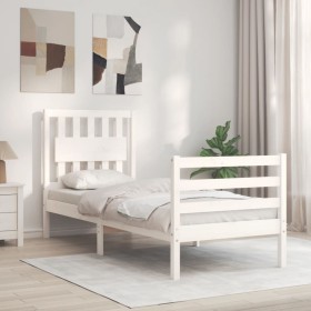 Single bed frame with white solid wood headboard by , Beds and slatted bases - Ref: Foro24-3194272, Price: 107,53 €, Discount: %