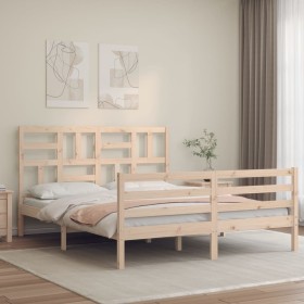 Double bed frame with solid wood headboard by , Beds and slatted bases - Ref: Foro24-3194901, Price: 147,79 €, Discount: %