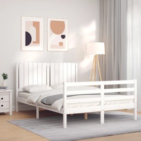 Double bed frame with white solid wood headboard by , Beds and slatted bases - Ref: Foro24-3194742, Price: 160,43 €, Discount: %