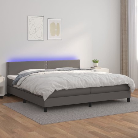 Box spring bed with mattress and LED gray synthetic leather 200x200 cm by , Beds and slatted bases - Ref: Foro24-3134187, Pri...