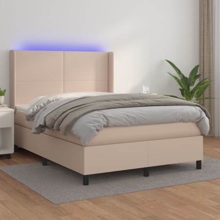 Box spring bed LED mattress synthetic leather cappuccino 140x190cm by , Beds and slatted bases - Ref: Foro24-3139264, Price: ...