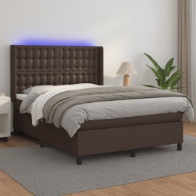 Cama box spring colchón y LED cuero sintético marrón 140x190 cm de , Camas y somieres - Ref: Foro24-3139382, Precio: 534,99 €...