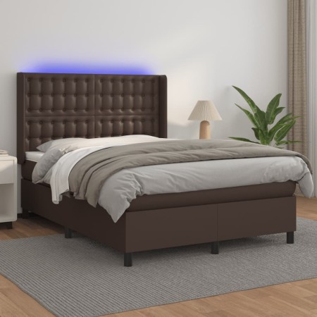 Cama box spring colchón y LED cuero sintético marrón 140x190 cm de , Camas y somieres - Ref: Foro24-3139382, Precio: 534,36 €...