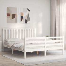 Estructura de cama matrimonio con cabecero madera maciza blanco de , Camas y somieres - Ref: Foro24-3194252, Precio: 165,99 €...