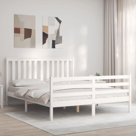 Estructura de cama matrimonio con cabecero madera maciza blanco de , Camas y somieres - Ref: Foro24-3194252, Precio: 166,17 €...