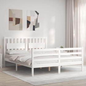 Double bed frame with white solid wood headboard by , Beds and slatted bases - Ref: Foro24-3194317, Price: 159,99 €, Discount: %