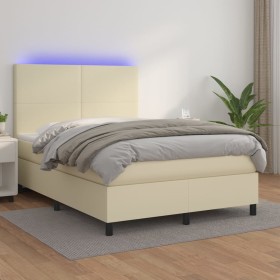 Box spring bed with mattress and LED cream synthetic leather 140x190 cm by , Beds and slatted bases - Ref: Foro24-3135821, Pr...