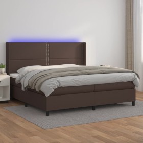 Box spring bed with mattress and LED brown synthetic leather 200x200 cm by , Beds and slatted bases - Ref: Foro24-3139346, Pr...