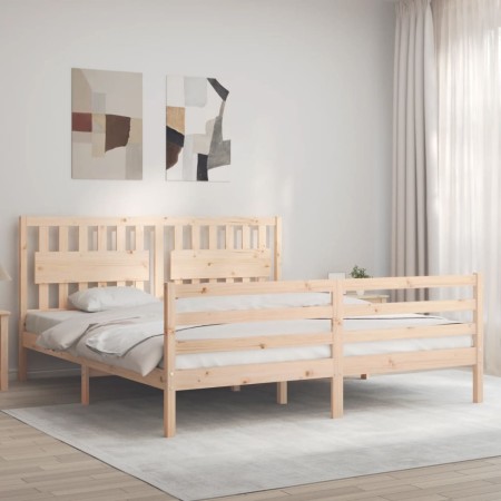 Double bed frame with solid wood headboard by , Beds and slatted bases - Ref: Foro24-3194326, Price: 170,78 €, Discount: %