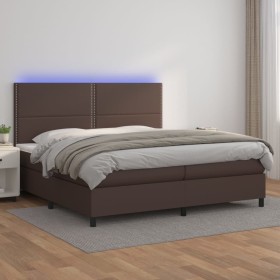 Box spring bed with mattress and LED brown synthetic leather 200x200 cm by , Beds and slatted bases - Ref: Foro24-3135906, Pr...