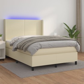 Box spring bed with mattress and LED cream synthetic leather 140x190 cm by , Beds and slatted bases - Ref: Foro24-3139261, Pr...