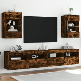 Wall-mounted TV furniture with LED lights, 2 units, smoked oak, 40x30x60.5 cm by , TV Furniture - Ref: Foro24-837087, Price: ...