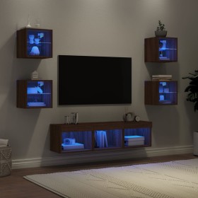 Muebles TV pared con LED 7 pzas madera ingeniería marrón roble de , Muebles TV - Ref: Foro24-3216589, Precio: 164,14 €, Descu...