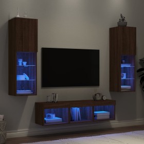 TV wall furniture with LED 5 pieces oak brown engineered wood by , TV Furniture - Ref: Foro24-3216610, Price: 176,93 €, Disco...