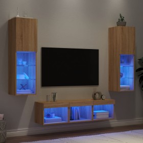 TV wall furniture with LED 5 pieces engineered wood Sonoma oak by , TV Furniture - Ref: Foro24-3216606, Price: 169,99 €, Disc...