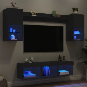 Wall TV cabinets with LED 7 pieces black engineered wood by , TV Furniture - Ref: Foro24-3216612, Price: 161,99 €, Discount: %