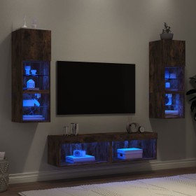 TV wall furniture with LED 6 pieces engineered wood smoked oak by , TV Furniture - Ref: Foro24-3216619, Price: 166,08 €, Disc...