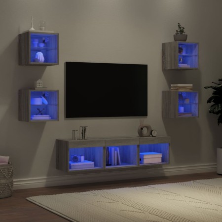 Muebles TV pared con LED 7 pzas madera ingeniería gris Sonoma de , Muebles TV - Ref: Foro24-3216588, Precio: 170,99 €, Descue...