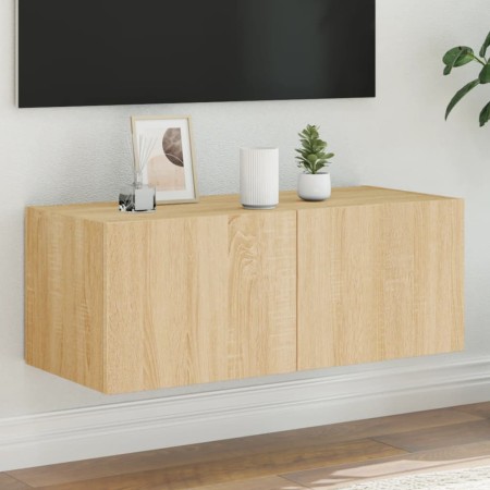 Wall-mounted TV cabinet with LED lights Sonoma oak 80x35x31 cm by , TV Furniture - Ref: Foro24-837285, Price: 59,24 €, Discou...