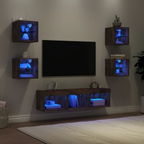 TV wall furniture with LED 7 pieces engineered wood smoked oak by , TV Furniture - Ref: Foro24-3216587, Price: 156,10 €, Disc...