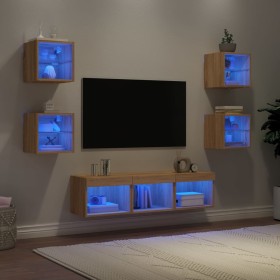 TV wall furniture with LED 7 pieces engineered wood Sonoma oak by , TV Furniture - Ref: Foro24-3216585, Price: 165,99 €, Disc...