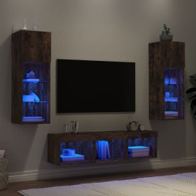 TV wall furniture with LED 5 pieces engineered wood smoked oak by , TV Furniture - Ref: Foro24-3216601, Price: 164,29 €, Disc...