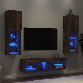 TV wall furniture with LED 5 pieces engineered wood smoked oak by , TV Furniture - Ref: Foro24-3216608, Price: 177,01 €, Disc...