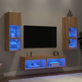 TV wall furniture with LED 6 pieces engineered wood Sonoma oak by , TV Furniture - Ref: Foro24-3216617, Price: 184,38 €, Disc...