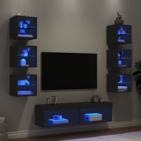 Wall TV cabinets with LED 8 pieces black engineered wood by , TV Furniture - Ref: Foro24-3216634, Price: 199,48 €, Discount: %