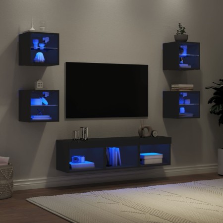 Muebles de TV de pared con LED 7 pzas madera ingeniería negro de , Muebles TV - Ref: Foro24-3216584, Precio: 168,72 €, Descue...