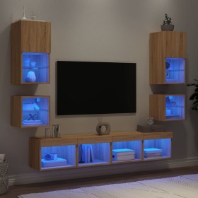 TV wall unit with LED lights, 8 pieces, engineered wood in Sonoma oak. by , TV Furniture - Ref: Foro24-3216592, Price: 208,25...