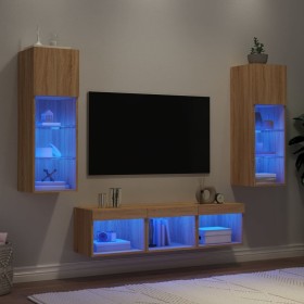 TV wall unit with LED lights, 5 pieces, engineered wood in Sonoma oak. by , TV Furniture - Ref: Foro24-3216599, Price: 176,99...