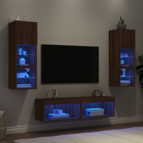 TV wall unit with LED lights, 6 pieces, engineered wood, brown oak. by , TV Furniture - Ref: Foro24-3216621, Price: 172,26 €,...