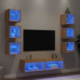 TV wall furniture with LED 8 pieces engineered wood Sonoma oak by , TV Furniture - Ref: Foro24-3216635, Price: 204,70 €, Disc...