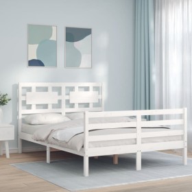 Estructura cama de matrimonio con cabecero madera maciza blanco de , Camas y somieres - Ref: Foro24-3194417, Precio: 157,99 €...