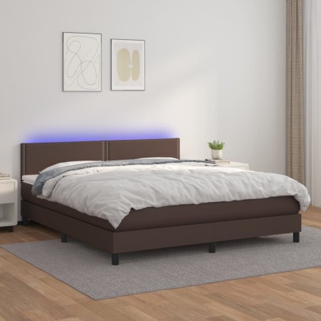 Box spring bed with mattress and LED brown synthetic leather 180x200 cm by , Beds and slatted bases - Ref: Foro24-3134180, Pr...